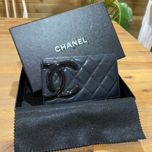 Chanel black cambon lambskin leather bifold wallet